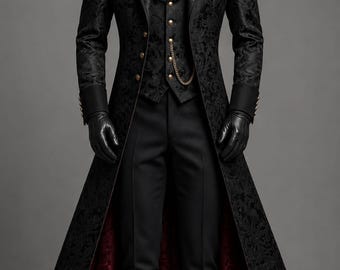 Könnte beinhalten: Ein schwarzer langer Mantel mit einem tonalen floralen Brokatmuster und einem dunkelroten Futter, getragen über einer passenden Weste mit goldenen Knöpfen und einer goldenen Kette. Das Outfit umfasst ein schwarzes Hemd, ein dunkelrotes Samt-Plastron, eine schwarze Hose und schwarze Lederhandschuhe.
