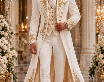 Terno de Noivo Marfim e Dourado, Casaco de Casamento Vitoriano, Traje Formal Masculino Sob Medida