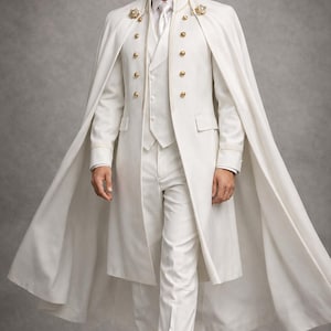 May include: A white long coat with a matching cape, featuring gold buttons and decorative shoulder accents. The ensemble includes a white waistcoat, a white dress shirt, a white tie, and white trousers, creating a formal, monochromatic appearance.
