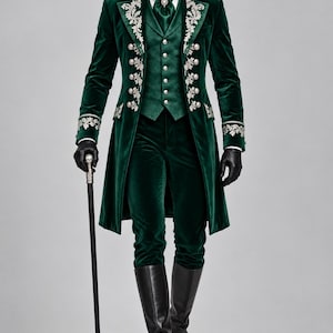 Emerald Green Velvet Victorian Tailcoat Suit, Gothic Wedding Tuxedo, Men's Steampunk Frock Coat
