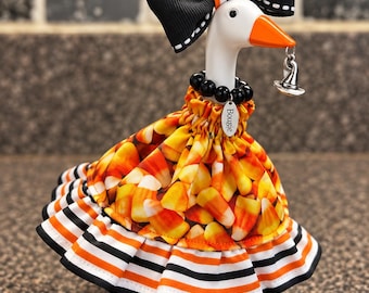 Handmade Candy Corn Halloween Goose Outfit, Bougie Dress, Witch Hat Charm (7 Inch)