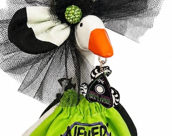 Halloween Goose Outfit | Black White Striped Dress, "Never Trust The Living" Embroidery