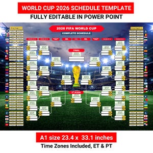 May include: A World Cup 2026 schedule template with a soccer stadium background. It features a tournament bracket, the FIFA World Cup trophy, and text including "WORLD CUP 2026 SCHEDULE TEMPLATE" and "A1 size 23.4 x 33.1 inches".