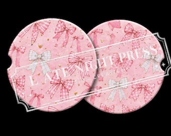 Teacher Car Coaster Set: Pink Bows, School Supplies, Ceramic Cup Holder Insert