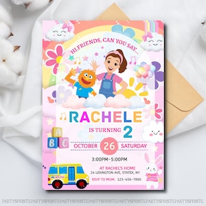 May include: A rectangular birthday invitation card featuring a colorful cartoon design with a girl and an orange puppet. Text includes HI FRIENDS, CAN YOU SAY, RACHELE IS TURNING 2, OCTOBER 26 SATURDAY, 3:00PM-5:00PM, AT RACHEL'S HOME, 24 LEXINGTON AVE, STATEX, NY, RSVP TO MOM: 123-456-7890.