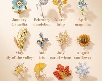 Vintage Enamel 12 Month Flower Brooch,Custom Birth Month Jewelry Seasonal Botanical Brooch Collection