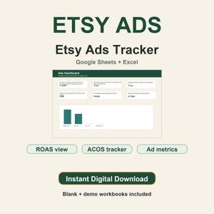 Etsy Ads Tracker Spreadsheet for Google Sheets and Excel, ROAS ACOS and Ad Spend Dashboard