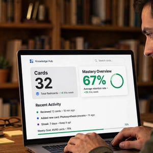May include: A laptop screen displaying a Knowledge Hub dashboard with a Cards section showing 32 total flashcards, a Mastery Overview section with 67% retention, and a Recent Activity list detailing reviewed cards, new additions, and a 7-day streak.