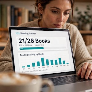 May include: A laptop screen displaying a digital reading tracker interface with the text Reading Tracker, 21/26 Books, 81% of 2024 goal, and a bar chart titled Reading Activity by Month showing teal bars representing monthly book counts.