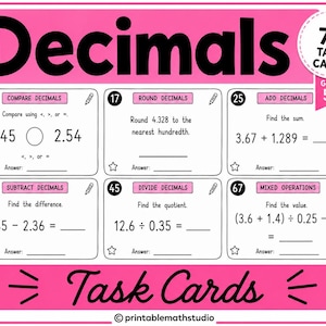 May include: A set of 76 math task cards for grades 5-6 titled Decimals. The pink and white cards feature six numbered boxes with problems on comparing, rounding, adding, subtracting, dividing, and mixed operations with decimal numbers.
