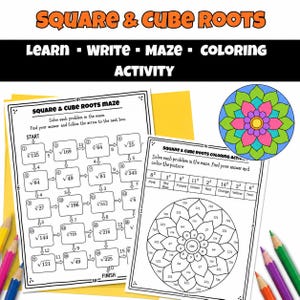 May include: Educational activity sheets titled Square & Cube Roots featuring a maths maze with square root problems and a mandala colouring page with exponent problems. Includes coloured pencils and a finished colourful mandala example.