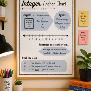 May include: A framed educational poster titled Integer Anchor Chart with a number line, definitions of integers, types, and real-life examples. Two sticky notes on the wall read You can do hard things! and Keep learning every day!.