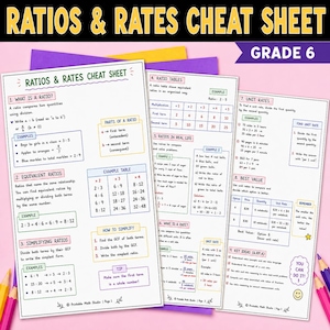 Peut inclure: Une fiche pédagogique de trois pages sur les ratios et les taux pour le niveau 6e, avec du texte imprimé, des tableaux et des exemples en noir, bleu, rouge et vert sur papier blanc. Le document explique les ratios et les taux unitaires.