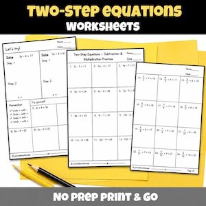 May include: Three white paper worksheets featuring black text and math problems titled Two-Step Equations Worksheets. The pages include sections for names, dates, and various algebraic equations to solve, accompanied by two yellow pencils at the bottom.