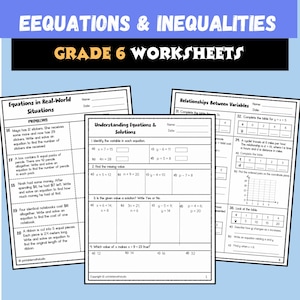Op de afbeelding: Drie witte educatieve werkbladen voor groep 8 met zwarte tekst en lijnen. De pagina's zijn getiteld Equations in Real-World Situations, Understanding Equations & Solutions en Relationships Between Variables, met diverse wiskundige opgaven.