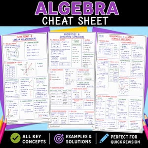Pode incluir: Três páginas brancas de uma folha de consulta de álgebra com fórmulas matemáticas, gráficos e exemplos passo a passo. O texto inclui seções sobre funções, relações lineares, propriedades, simplificação de expressões e equações quadráticas.