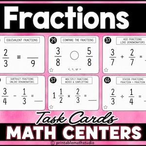 May include: A set of six educational math task cards titled Fractions and Math Centers. Each card features a numbered box with specific fraction problems including equivalent fractions, comparing, adding, subtracting, multiplying, and dividing.