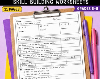 Hojas de ejercicios sobre razones y proporciones / Práctica de razones y proporciones para sexto grado / Tablas de razones equivalentes y problemas verbales / Preparación para exámenes de matemáticas