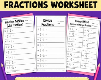 Hojas de ejercicios para practicar fracciones / Suma, resta, multiplicación y división (descarga digital)