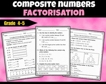 Hojas de ejercicios sobre números primos y compuestos y factorización / Paquete de 10 ejercicios / Grados 4–5 /