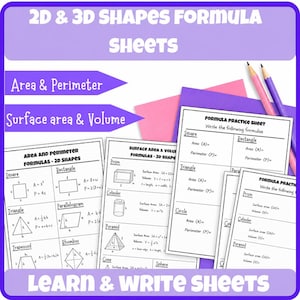 May include: Educational formula sheets for 2D and 3D shapes featuring area, perimeter, surface area, and volume calculations. The white paper sheets include diagrams and practice sections with black text, accompanied by pink and purple pencils.
