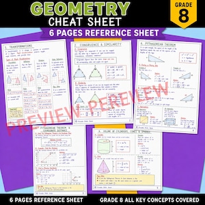 May include: A six-page geometry cheat sheet for grade 8 students, featuring printed reference material on transformations, congruence, similarity, the Pythagorean theorem, coordinate distance, and the volume of cylinders, cones, and spheres.