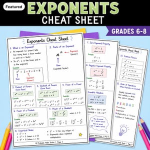 Könnte beinhalten: Ein mehrseitiges Exponenten-Spickzettel für die Klassen 6-8 mit mathematischen Regeln, Formeln und Beispielen. Die weißen Seiten enthalten schwarzen Text, blaue Überschriften und farbige Kästen. Ein gelber und ein violetter Stift sind zu sehen.