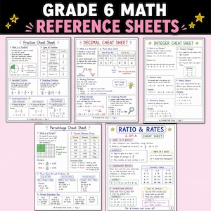 May include: A set of five educational math reference sheets for grade 6 students, featuring headers for Fraction, Decimal, Integer, Percentage, and Ratio and Rates cheat sheets. Each page contains detailed mathematical definitions, examples, and charts.