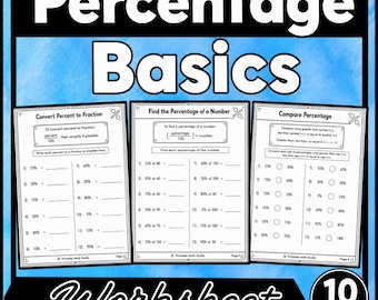 Hojas de ejercicios de matemáticas sobre conceptos básicos de porcentajes / Fracciones, decimales, problemas verbales (descarga digital)