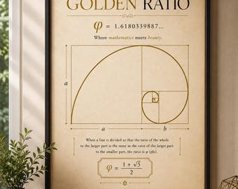 Golden Ratio Math Poster | Elegant Mathematics Wall Art | Phi 1.618 Math Lover Gift | Fibonacci Inspired Classroom & Study Decor | Printable