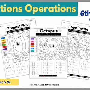 May include: Three educational math worksheets titled Fractions Operations for 6th-7th Grade. Each page features a black and white line art illustration of a tropical fish, an octopus, or a sea turtle, with fraction problems and a color key.