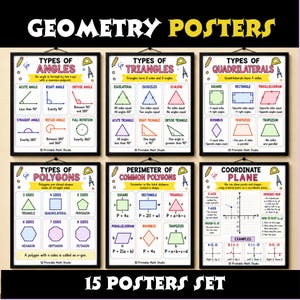 May include: A set of six educational geometry posters titled Types of Angles, Types of Triangles, Types of Quadrilaterals, Types of Polygons, Perimeter of Common Polygons, and Coordinate Plane, featuring colourful diagrams and definitions.