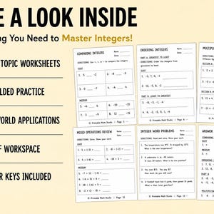 Puede incluir: Un conjunto de hojas de trabajo de matem&aacute;ticas para los grados 6-7 titulado Take a Look Inside Everything You Need to Master Integers. Las p&aacute;ginas incluyen ejercicios sobre comparaci&oacute;n, orden y multiplicaci&oacute;n de enteros, operaciones mixtas y problemas.