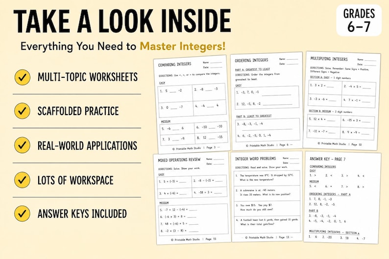 Puede incluir: Un conjunto de hojas de trabajo de matem&aacute;ticas para los grados 6-7 titulado Take a Look Inside Everything You Need to Master Integers. Las p&aacute;ginas incluyen ejercicios sobre comparaci&oacute;n, orden y multiplicaci&oacute;n de enteros, operaciones mixtas y problemas.