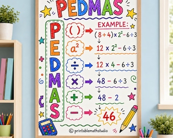 Póster matemático PEDMAS a color / Tabla de referencia del orden de las operaciones (descarga digital)