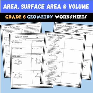Op de afbeelding: Een verzameling meetkunde-werkbladen voor groep 8 met de tekst Area, Surface Area & Volume. De pagina's bevatten wiskundige opgaven over netten, oppervlakte, driehoeken en rechthoekige prisma's met afmetingen in inches, voet en meters.
