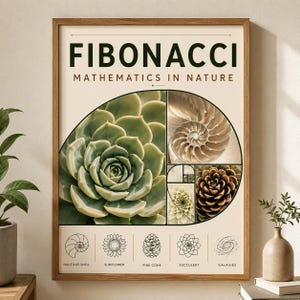 Könnte beinhalten: Ein gerahmter Kunstdruck mit dem Titel FIBONACCI MATHEMATICS IN NATURE. Das Poster zeigt eine große grüne Sukkulente, ein Nautilusgehäuse und einen Tannenzapfen in einer Spiralform sowie Strichzeichnungen dieser Objekte mit Beschriftung.