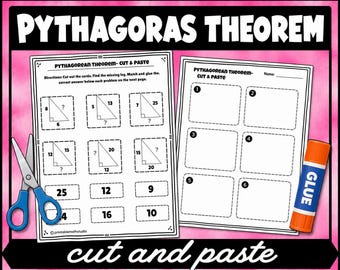 Actividad de recortar y pegar sobre el teorema de Pitágoras / Encuentra el lado que falta / Hoja de ejercicios de matemáticas sin preparación / Geometría de 8.º grado