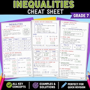 May include: A three-page educational cheat sheet titled Inequalities Cheat Sheet Grade 7. The document features mathematical definitions, inequality symbols, one-step and two-step inequality solving steps, compound inequalities, and real-world examples.