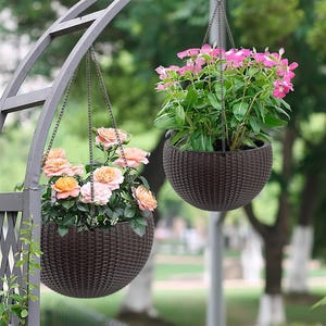 May include: Two dark brown, round hanging planters with a woven texture. Each planter is suspended by three thin metal chains and contains a lush green plant with blooming flowers, one featuring peach-colored roses and the other pink blossoms.