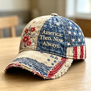 Könnte beinhalten: Eine Baseballkappe im Used-Look mit einem Patchwork-Design aus rotem, weißem und blauem Stoff. Die Kappe zeigt gestickte rote Blumen, weiße Sterne und den Text America: Then. Now. Always. Die Kanten der Stoffbahnen wirken ausgefranst.
