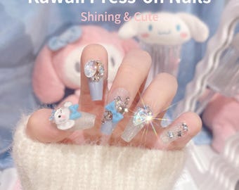 Handmade Kawaii Cinnamoroll Bow Press On Nails, Cute Reusable Fake Nail Tips for Students