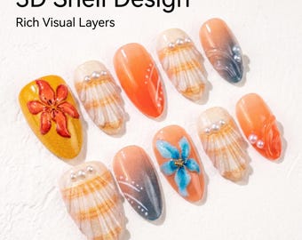 Bestseller Summer Vacation Style 3D Embossed Shell Red Blue Contrast French Press On Nail Decorations