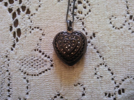 Vintage Sterling Heart Locket with Marcasites - L… - image 4