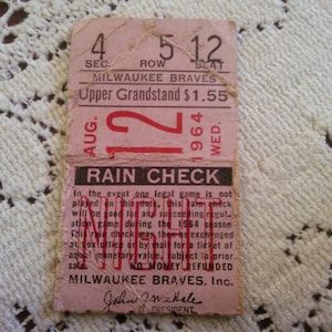 Vintage Milwaukee Braves Ticket Stub - Braves vs Astros - August 12, 1964 Rain Check - Baseball Memorabilia - Braves - Ticket Stub
