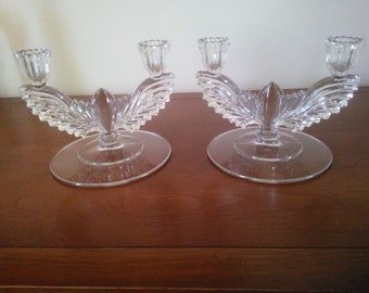 Vintage Pair of Clear Candlestick Holders - Clear Glass Candle Holders - Round Candlestick Holders - Candle Holders  - Wing Like
