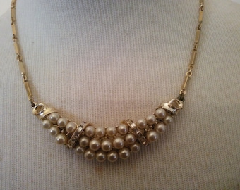 Vintage Necklace - Vintage Pearl Pendant Necklace - Pearl and Rhinestone Necklace