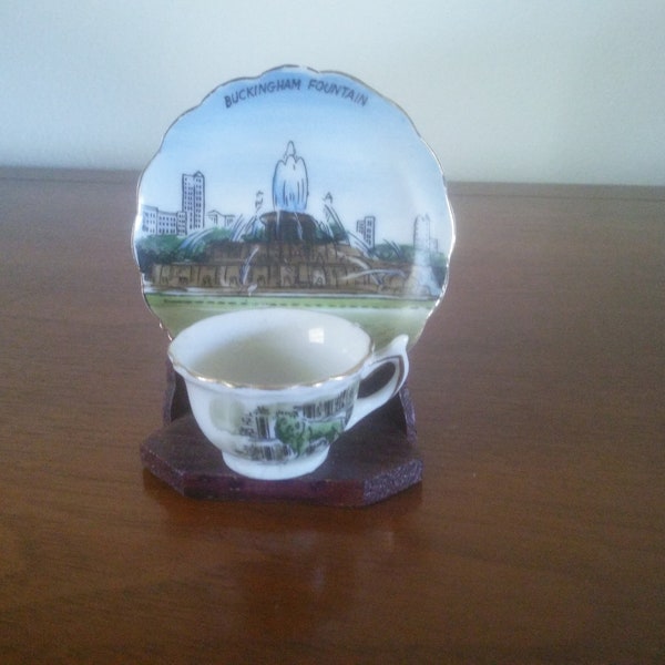 Vintage Miniature Cup and Saucer - Cup and Saucer - Mini Cup and Saucer - Souvenir Cup and Saucer - Buckingham Fountain Souvenir