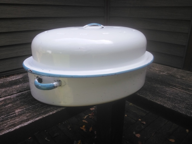 Vintage Enamelware Roasting Pan Roasting Pan White Roaster Etsy
