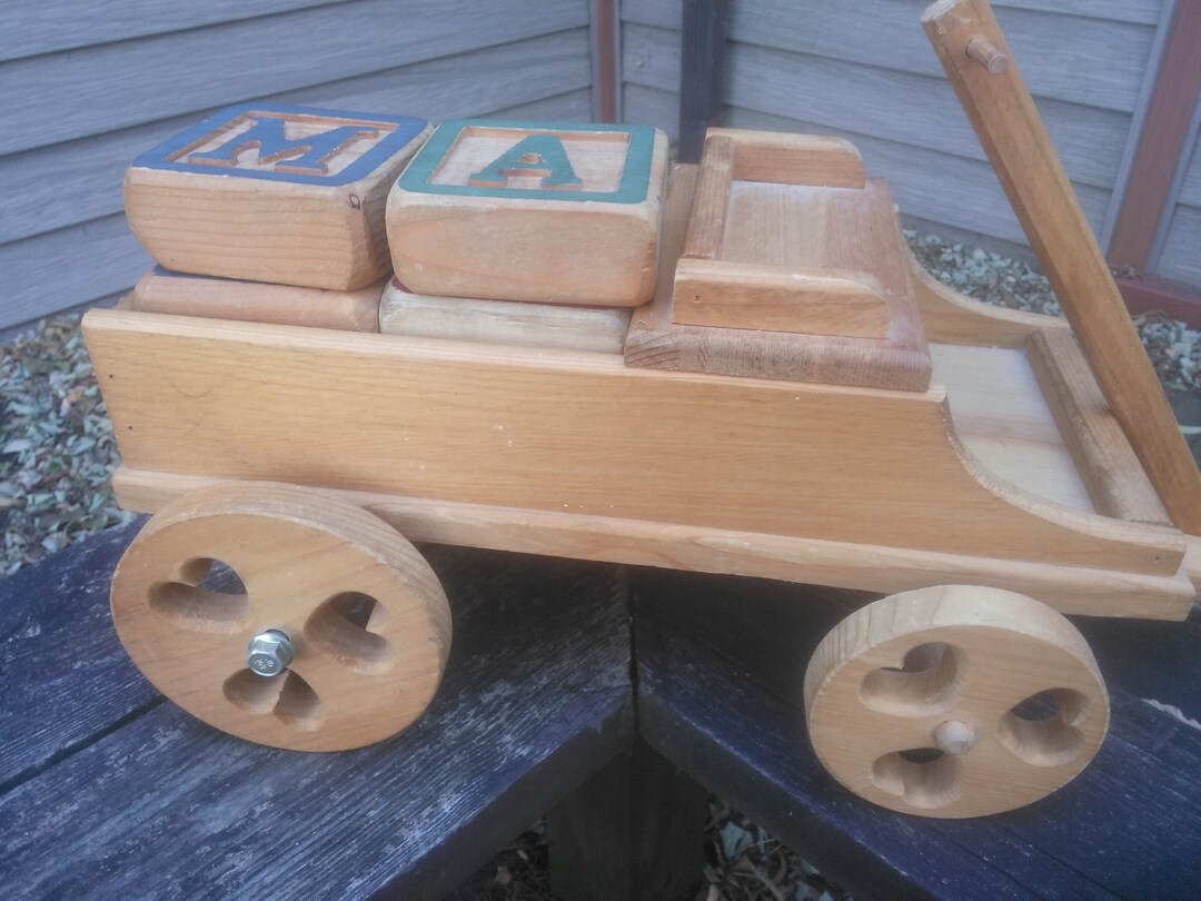 Vintage Wood Wagon Wooden Wagon Pull Toy Small Wood Wagon Natural Wood